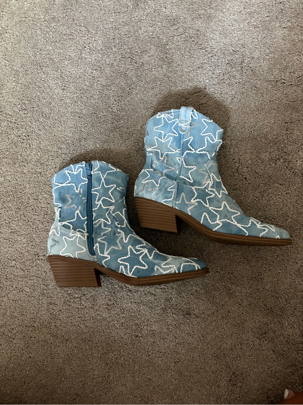Embroidered Star Denim Ankle Booties in Light Blue